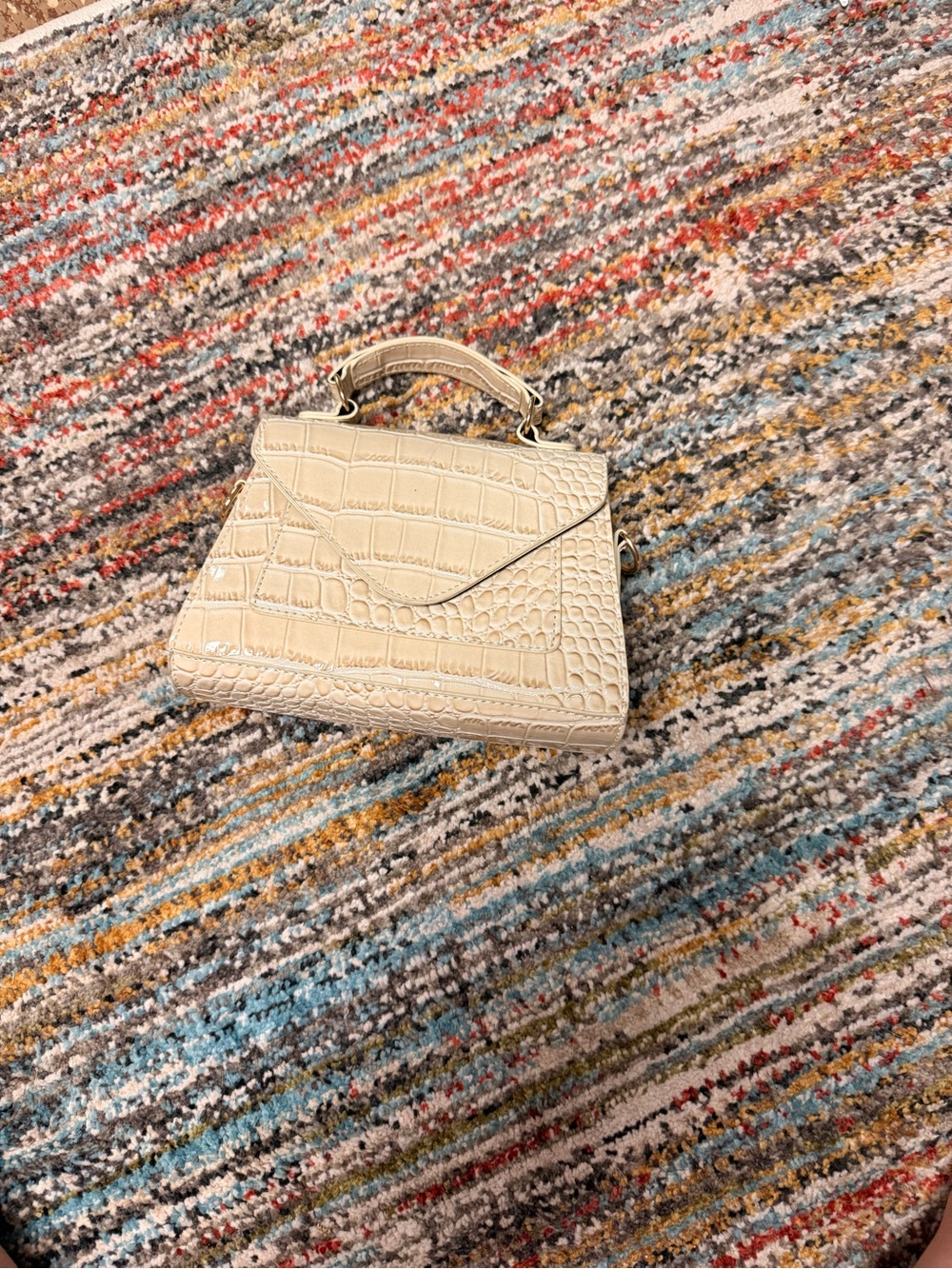 Cream Croc-Embossed Top Handle Bag